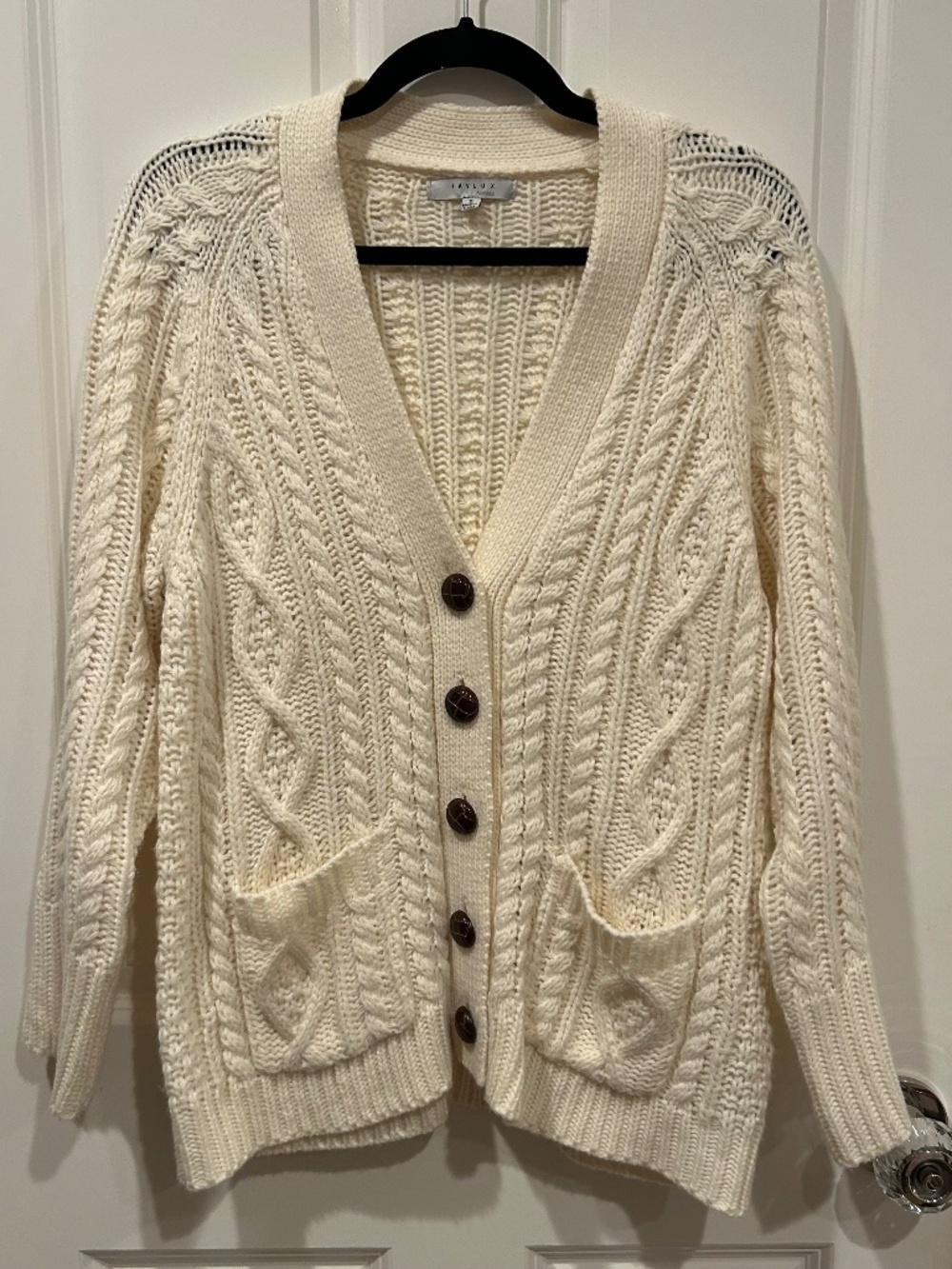 Favlux Cream Chunky Cable Knit Button Front Cardigan Sweater Size Small